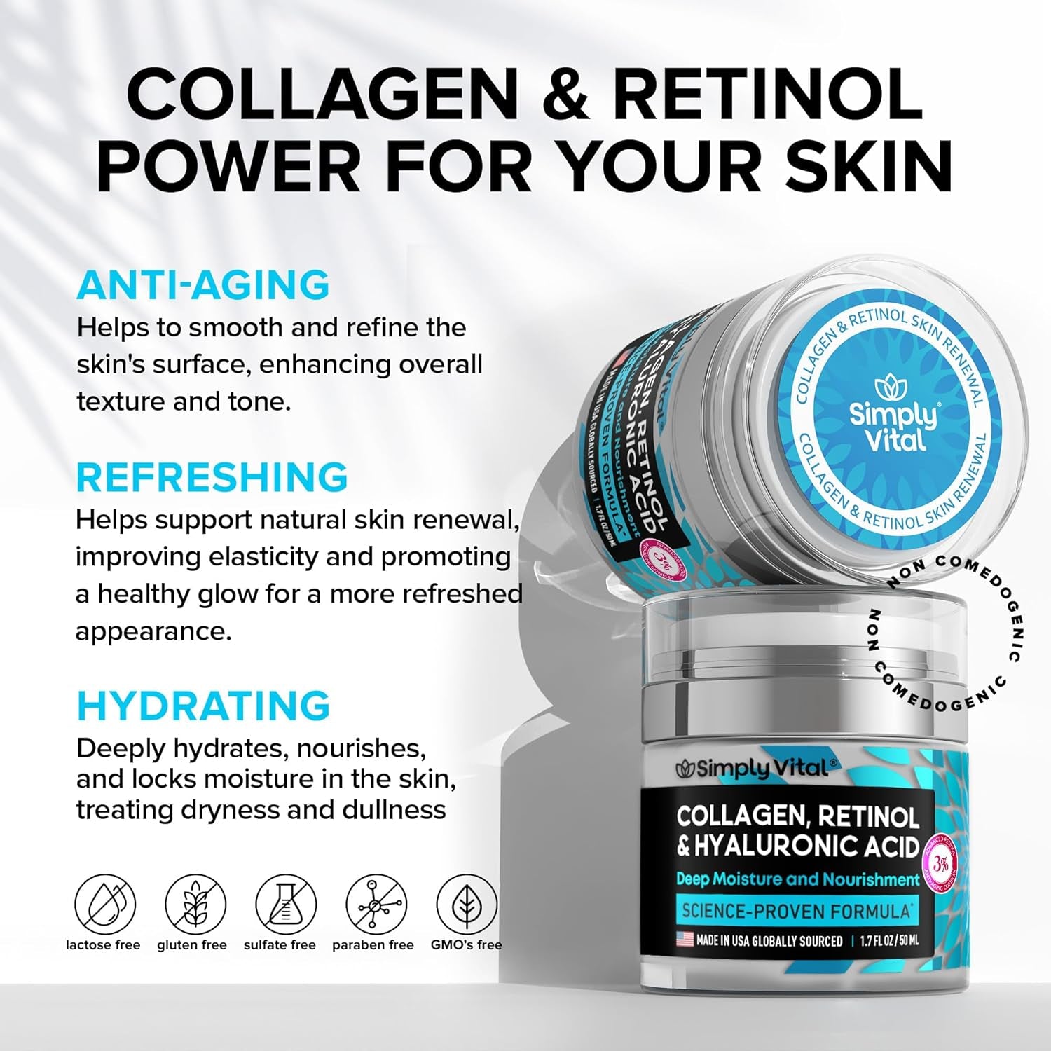 Collagen, Retinol & Hyaluronic Acid Cream - Anti-Aging Face Moisturizer for Face, Neck & Décolleté - Made in USA, Daily Moisturizer Face Cream - 1.7 Fl.Oz.