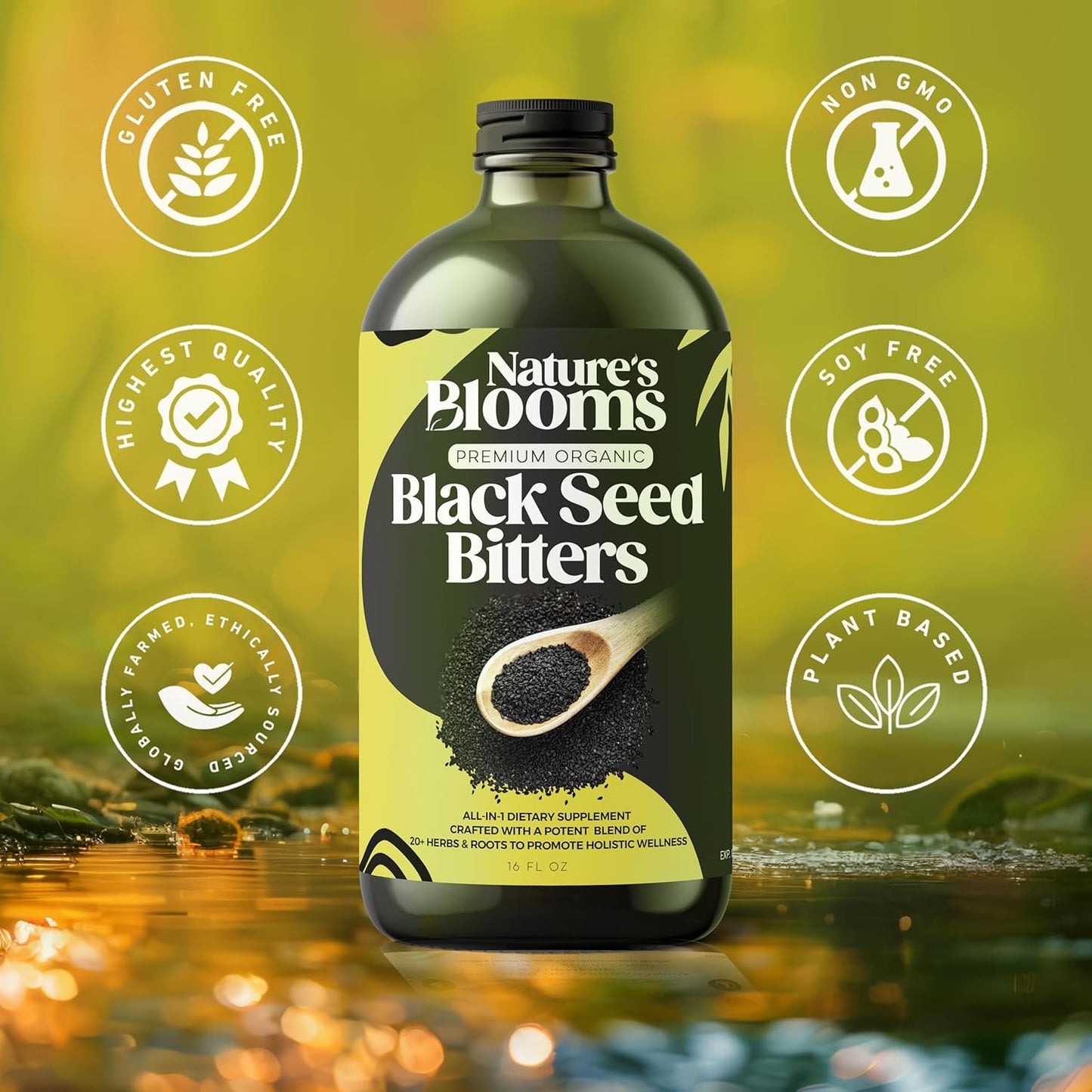 Black Seed Bitters - Powerful Natural Supplement for Immune Support, Joint Health, Digestion & Radiant Skin - 16 Oz Super Antioxidant