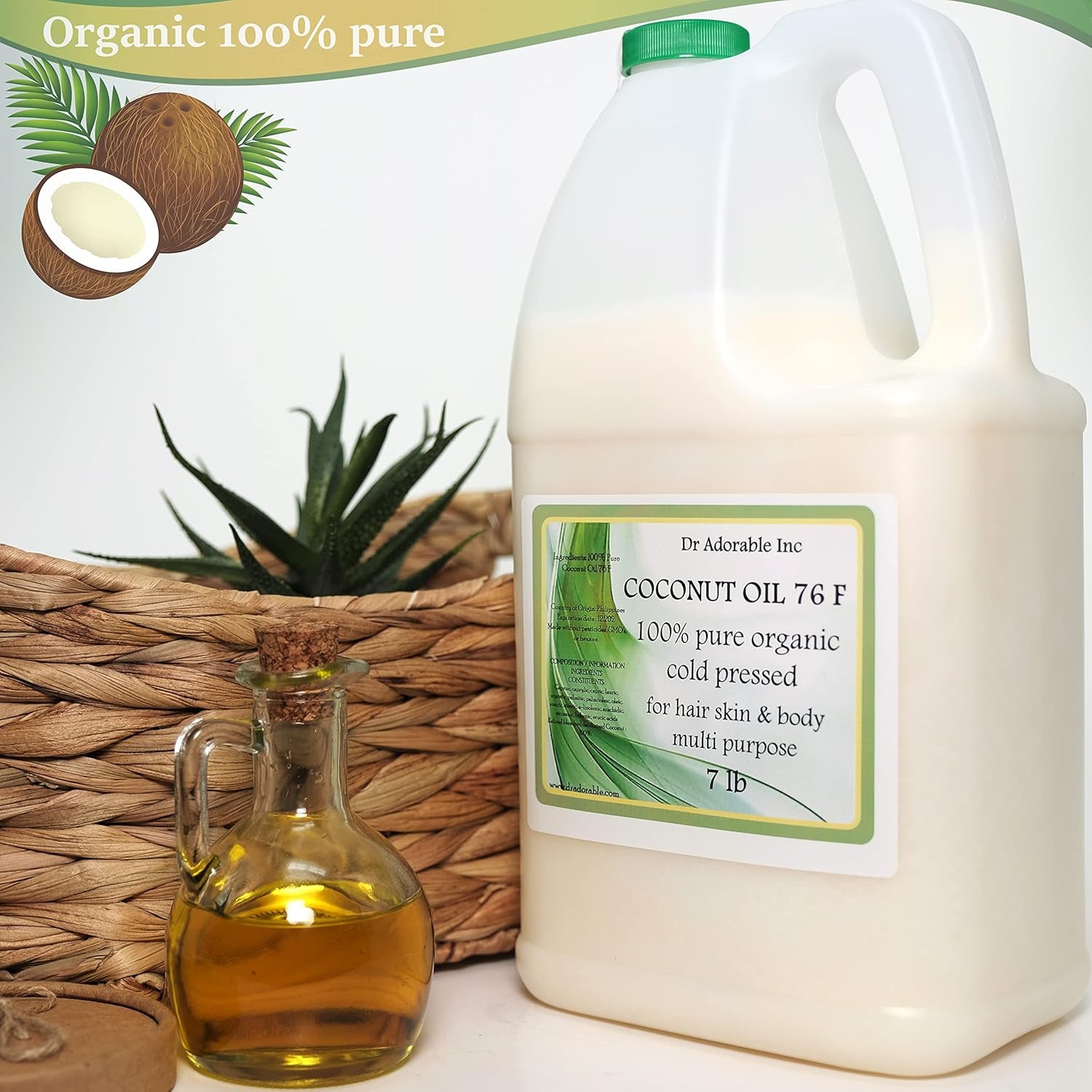 - 7 Lb - Coconut Oil 76 Degree - 100% Pure Natural Organic Cold Pressed